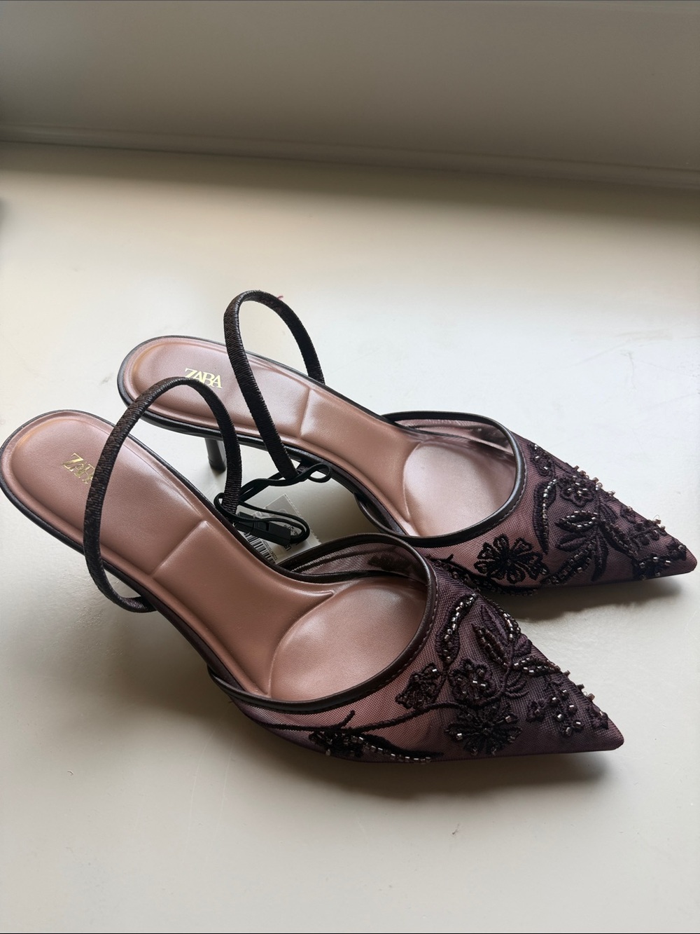 Zara Plum Beaded Pointed Slingback Heels